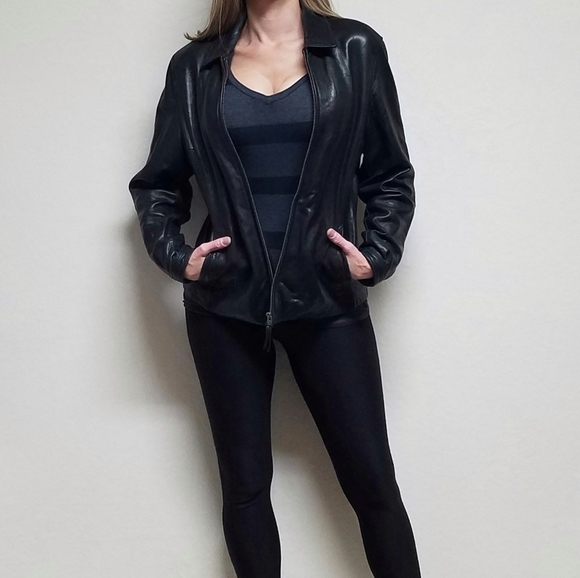 VINTAGE Couture J. Park Black Butter Soft Leather Collared Full-zip Moto Jacket - Picture 2 of 16